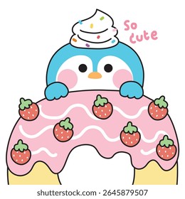 Cute penguin have whipping cream strawberry flavor donut.Sweet and dessert.Bakery.Polar bird animal character cartoon design.Kawaii.Vector.Illustration.