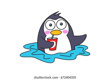 Cute Penguin having cold drink while sitting in water. Vector Illustration. Isolated on white background.