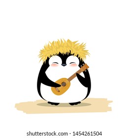 Cute penguin in hawaiian yellow grass wreath and ukulele. Summer vector illustration isolated on white background.