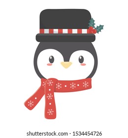 cute penguin head with hat and scarf celebration merry christmas vector illustration
