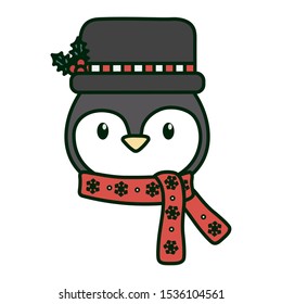cute penguin head with hat and scarf celebration merry christmas vector illustration