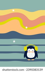 Cute penguin in headphones under the sky with the polar lights. Perfect vector illustration for poster, card, banner. Vertical print for decor and design.



