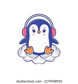 	
pingüino lindo con auriculares y sentado en la nube