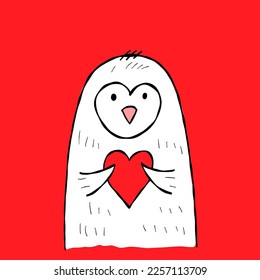 Cute penguin with heart. Be my Valentine. Valentine's day banner, background, flyer, placard. Holiday poster for scrapbooking. Vector illustration card for greeting, decoration, congratulation