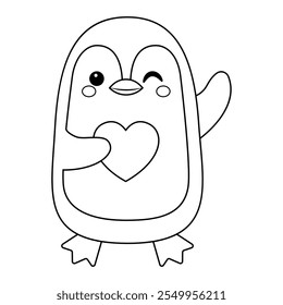 Cute penguin and heart. Coloring page. Vector simple flat illustration.