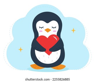 Cute penguin with a heart. Penguin in love. For romantic prints, valentine day cards. Good for posters, t shirts, postcards. Vector illustration