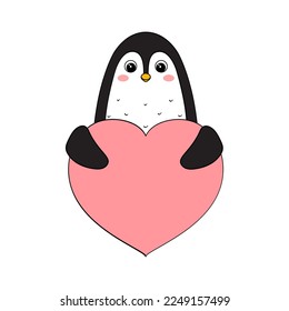 Cute penguin with a heart. Postcard for Valentine's Day. Element for the design of prints, posters, stickers, postcards. Vector illustration on white background