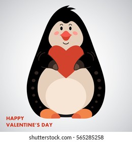 Cute penguin with heart. Valentines day card. Vector illustration.