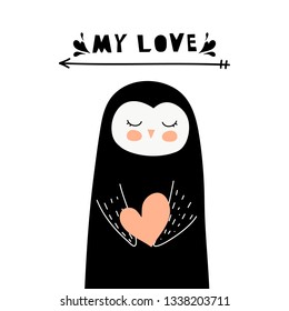 Cute penguin with heart vector print in scandinavian style. Hand drawn vector illustration for  cards, posters, cards, t-shirts, book, textile.