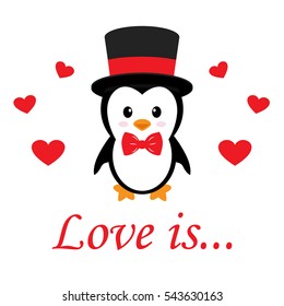 cute penguin with heart vector and text