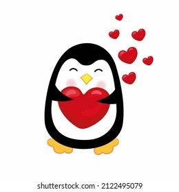 Cute penguin with hearts. Vector illustration. Kawaii, children's isolated vector illustration.  Illustration for birthday and Valentine's day.