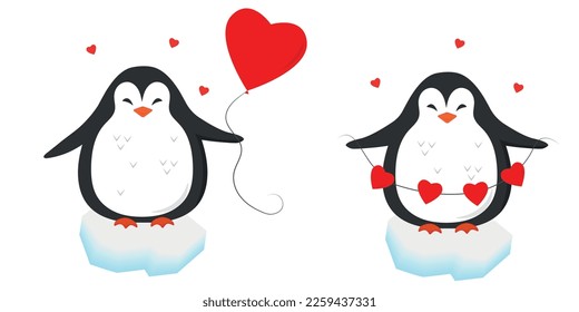 Cute penguin with hearts, vector, Valentine's day