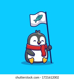 Cute Penguin Hold Flag Vector Icon Illustration. Animal Icon Concept Isolated Premium Vector. Flat Cartoon Style 