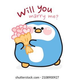 Cute penguin hold flower in heart shape.Will you marry me.Valentine's day.Love.Animal cartoon.Kawaii.Vector.Illustration.