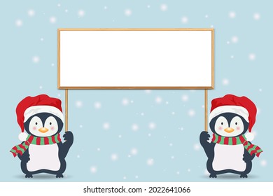 Cute penguin hold and show white board on snow background as Merry Christmas and Happy New Year Concept. Vector illustration.