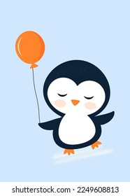 Cute penguin holding a balloon.