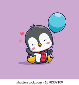 Cute penguin holding a balloon icon illustration. Penguin mascot cartoon character.