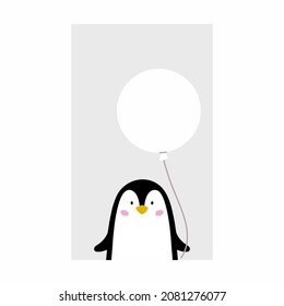 Cute penguin is holding  balloon. Postcard for holiday. Congratulations to child. Screensaver on phone with place  qr code and text.