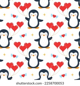 Cute penguin is holding balloons in the shape of a heart. Valentine's Day. Seamless pattern. Can be used for web page background fill, surface texture