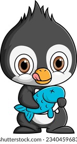 Pingüino lindo sosteniendo un pez grande en la ilustración