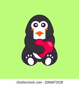 Cute penguin holding a big red heart. Animal cartoon concept isolated. Can used for t-shirt, greeting card, invitation card or mascot.