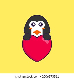 Cute penguin holding a big red heart. Animal cartoon concept isolated. Can used for t-shirt, greeting card, invitation card or mascot.