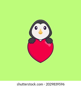 Cute penguin holding a big red heart. Animal cartoon concept isolated. Can used for t-shirt, greeting card, invitation card or mascot.