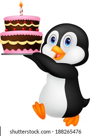 Cute penguin holding birthday cake 