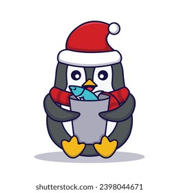 Cute Penguin Holding a Bucket of Fish Vector Cartoon Illustration Isolated On White Background