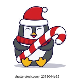 Cute Penguin Holding Candy Cane Vector Cartoon Illustration Isolated On White Background