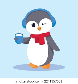 Cute Penguin Holding Coffee Cartoon Illustration
