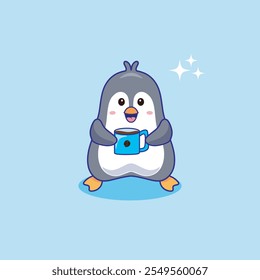 Cute Penguin Holding Coffee Cartoon Vector Illustration. Animal Nature Icon Concept Isolated Premium Vector.