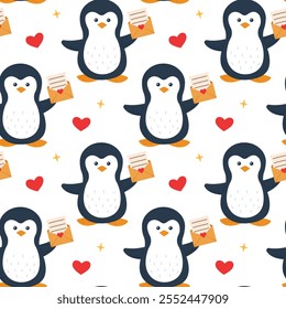 Cute penguin is holding an envelope with a letter. Valentine's Day. Seamless pattern. Can be used for web page background fill, surface texture	