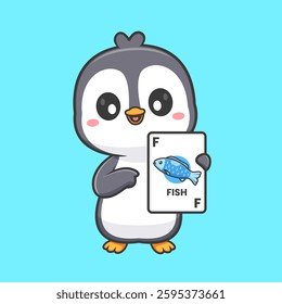 Cute Penguin Holding Fish Card Game Cartoon Vector Icon Illustration. Animal Holiday Icon Concept Isolated Premium Vector. Flat Cartoon Style