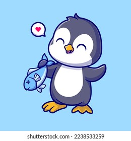 Cute Penguin Holding Fish Cartoon Vector Icon Illustration. Animal Nature Icon Concept Isolated Premium Vector. Flat Cartoon Style