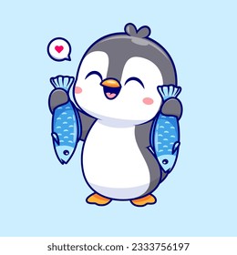 Cute Penguin Holding Fish Cartoon Vector Icon Illustration. Animal Food Icon Concept Isolated Premium Vector. Flat Cartoon Style