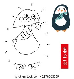 A cute penguin is holding a fish. Connect the dots in order. Educational vector illustration of the numbers game. The page of the coloring book with color sample.