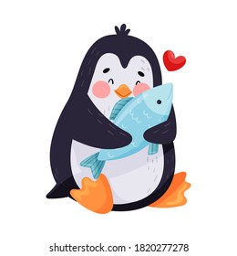 Pescado con pingüino lindo con su vector de alas Ilustración