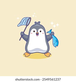 Cute Penguin Holding Fishing Net and Fish Cartoon Vector Illustration. Animal Nature Icon Concept Isolated Premium Vector.