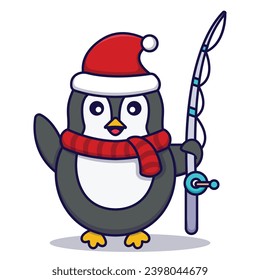 Cute Penguin Holding a Fishing Rod Vector Cartoon Illustration Isolated On White Background