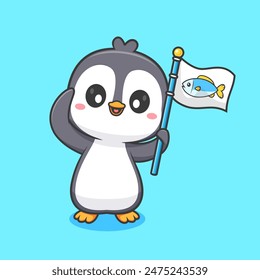 Cute Penguin  Holding Flag And Respect Pose Cartoon Vector Icon Illustration. Animal Nature Icon Concept Isolated Premium Vector. Flat Cartoon Style