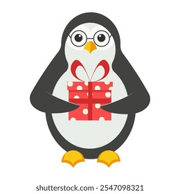 Cute penguin holding a gift box. Animal character gives a present.