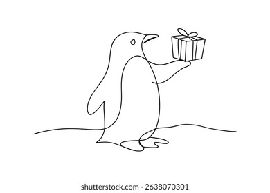 Cute penguin holding a gift line drawing illustration