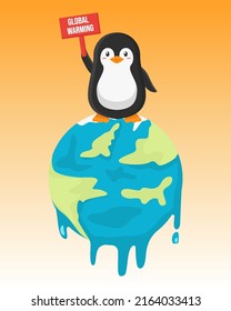 cute penguin holding global warming banner on melting earth