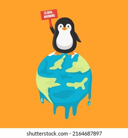 pingüino lindo sostiene una pancarta sobre el calentamiento global en la tierra que se derrite