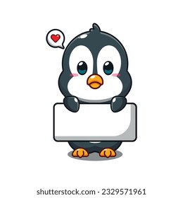 cute penguin holding greeting banner cartoon vector illustration.