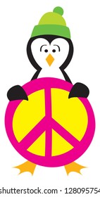 A cute penguin holding a groovy peace symbol