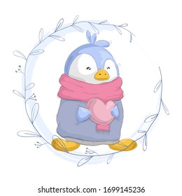 Cute penguin holding heart and border ornaments illustration