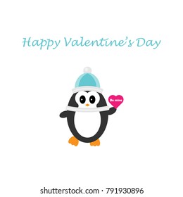 Cute penguin holding a heart, happy valentine's day, be mine, flat design for invitation card, vector illustration in cartoon style