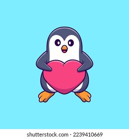 Cute Penguin Holding Heart Love Cartoon Vector Icons Illustration. Flat Cartoon Concept. Suitable for any creative project.
